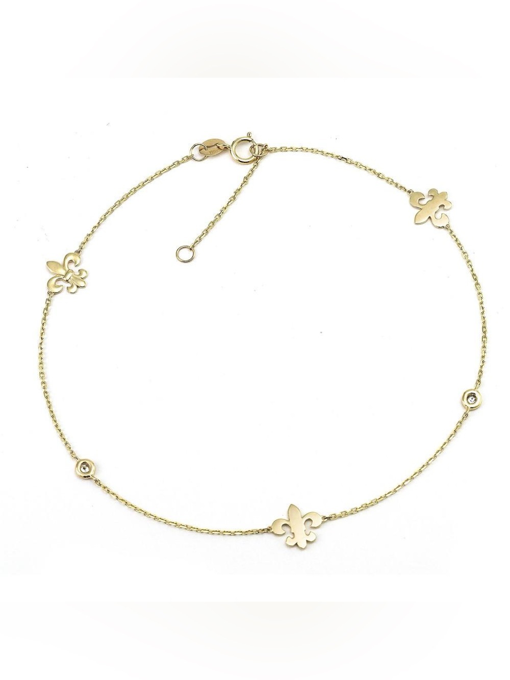 14K Real Solid Yellow Gold Fleur De Lis Natural Diamond Anklet 9+1" 0.07ctw